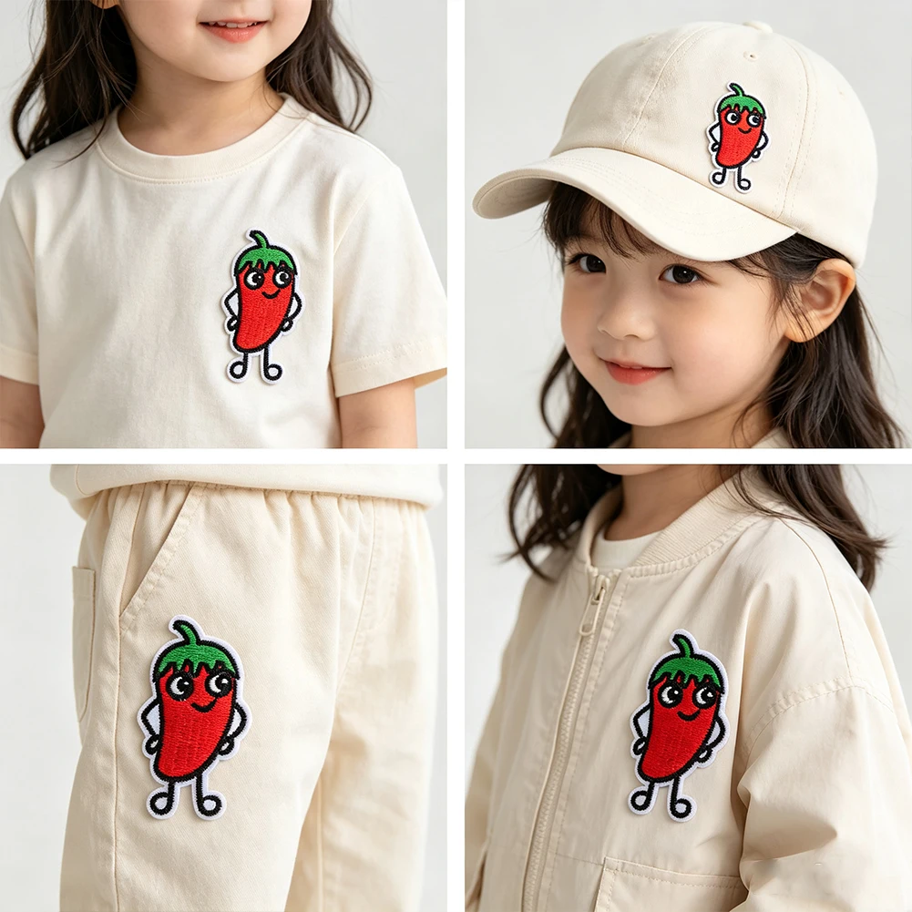 Lustiger, anthropomorpher Chili-Paprika-Aufnäher, Cartoon-Gemüse-Applikation für Kinder-T-Shirts, Mützen, Jacken, Rucksäcke, zum Selbermachen. – Detail 1
