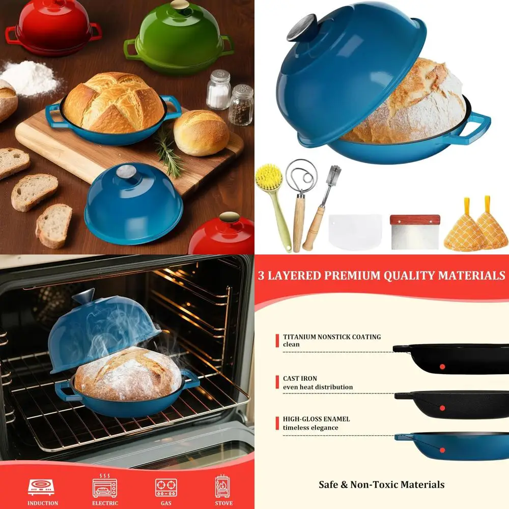 

Enameled 5-Quart Cast Iron Dutch Oven with Cloche Lid for Sourdough and Artisan Bread, Jewel Blue