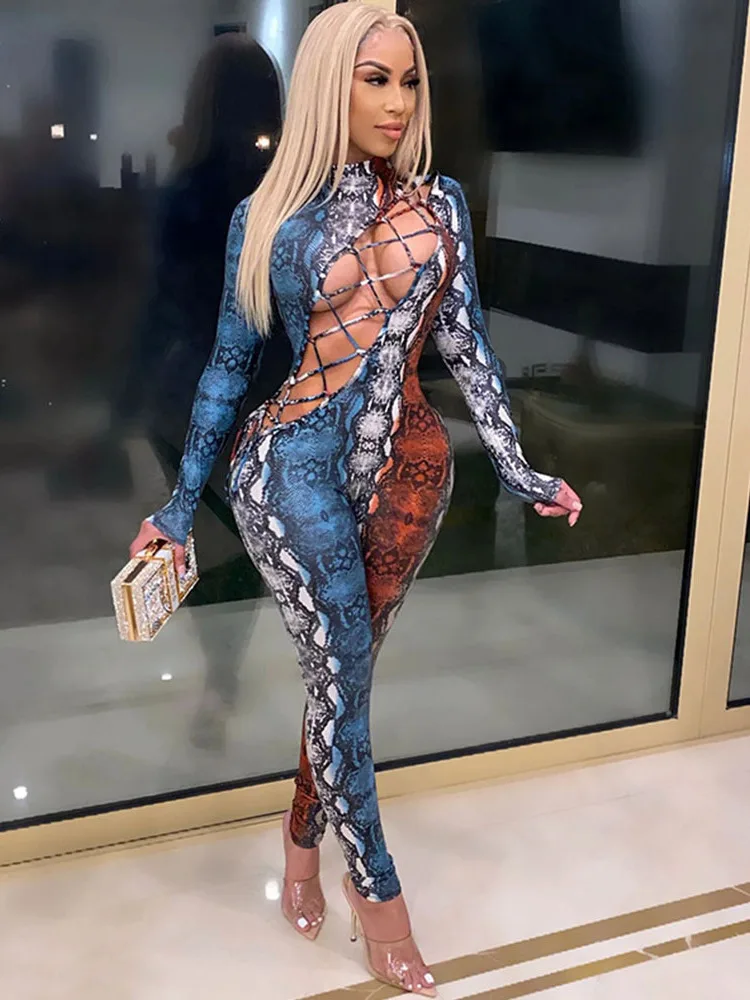 

Сексуальный комбинезон со змеиным принтом на шнуровке и вырезами, уличные длинные брюки с талией, летняя коллекция из полиэфирной ткани