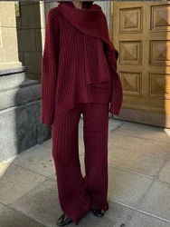 Burgundy Scarf Collar Sweater Pants Set Women Oversize Knit V-neck Pullover Wide Leg Trouser Fashion 2024 Autumn Knitwear Outfit