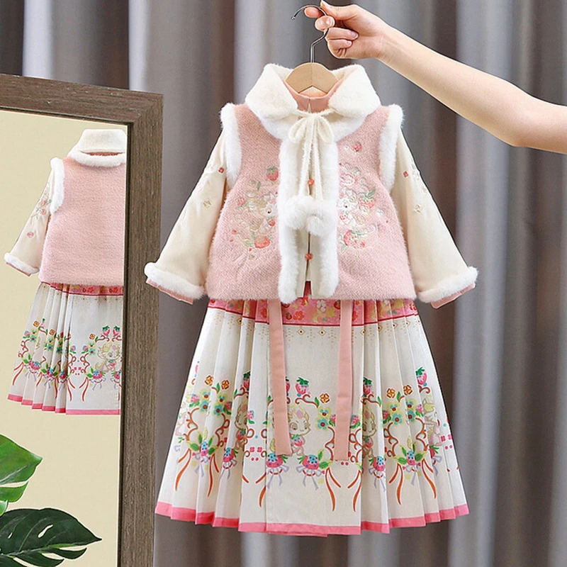 

2024 Winter 3-12Years Kids Tangsuits Chinese New Year Traditional Embroidery Plus Velvet Jacket + Skirt 2 Piece Kids Girls Set