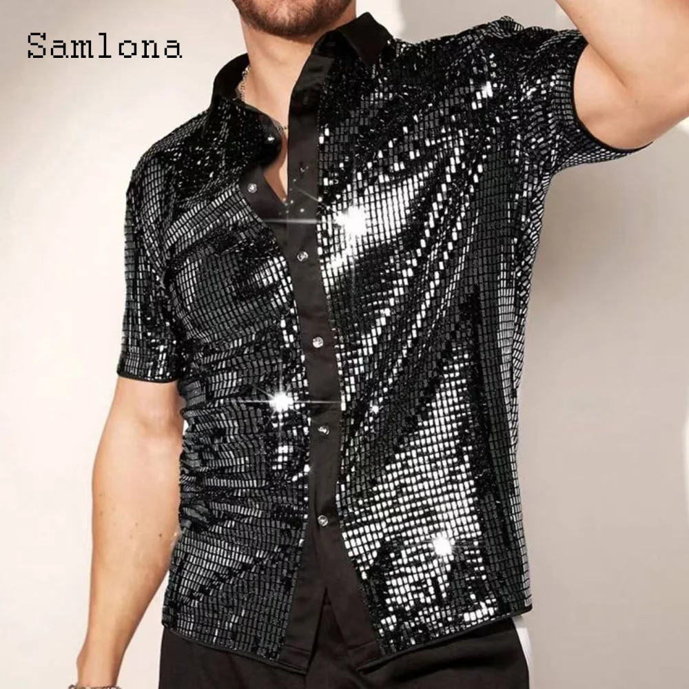 

Мужские рубашки с карманами-стойкой, модные рубашки с блестками, одежда, лето 2023, топы для ночного танцевального клуба, мужская рубашка с короткими рукавами и зубцами, блузка