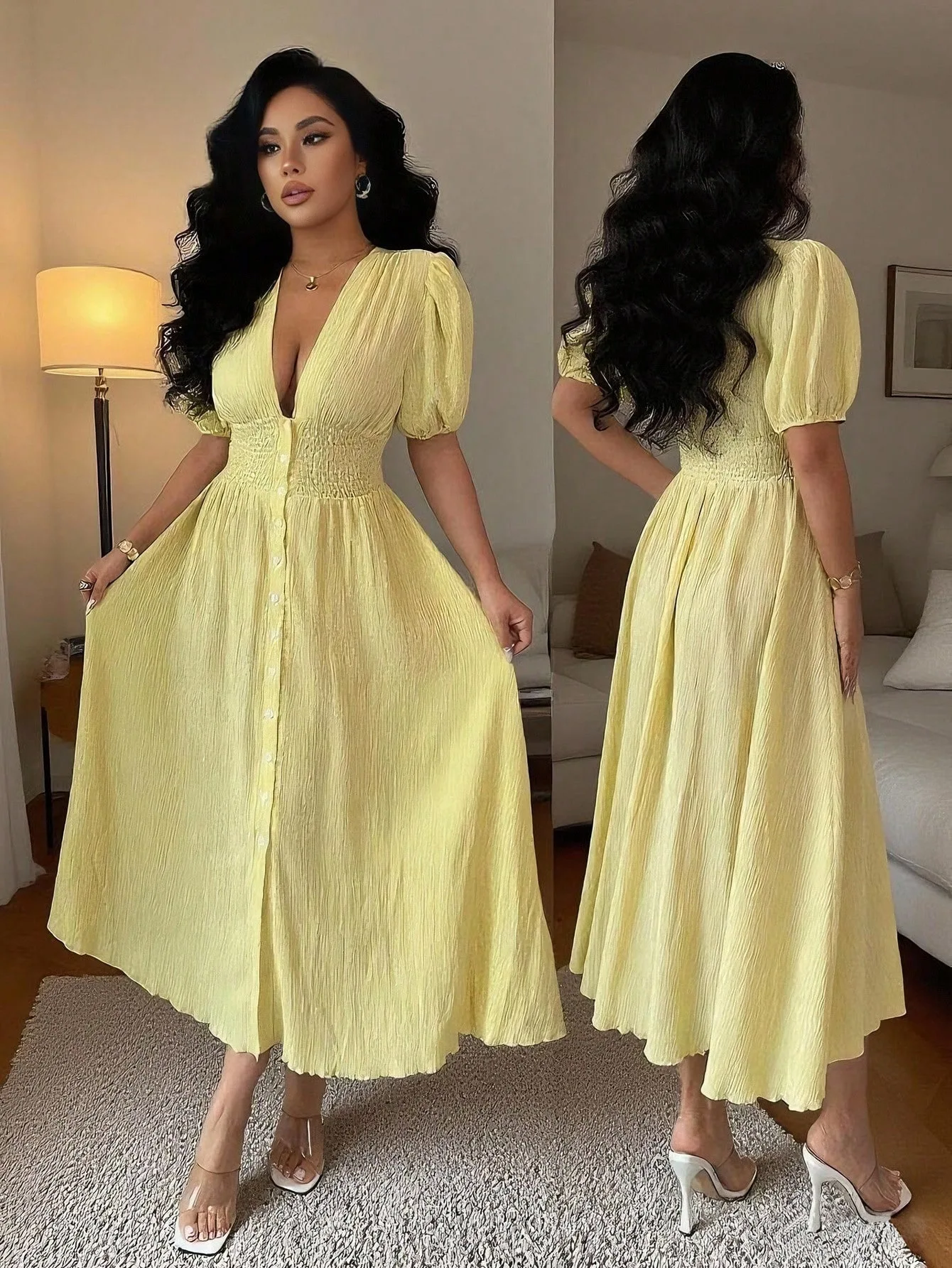 Vestido Midi Elegante con Cuello en V y Mangas Abullonadas para Mujer, Estilo Casual para Uso Diario, Primavera/Verano, Marca Drunk Sugar