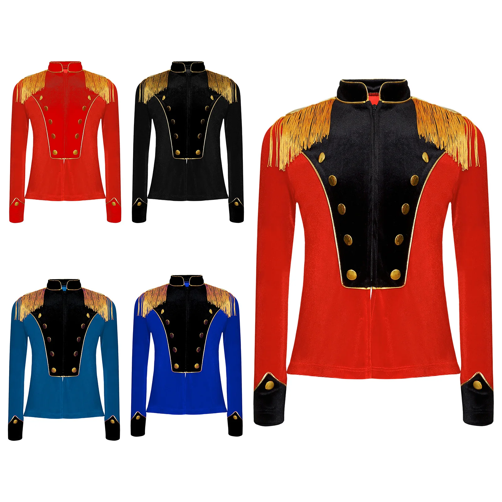 Kids Halloween Circus Ringmaster Cosplay Costume Long Sleeve Fringe Tassel Epaulet Velvet Jacket Drum Band Drummer Stage Uniform