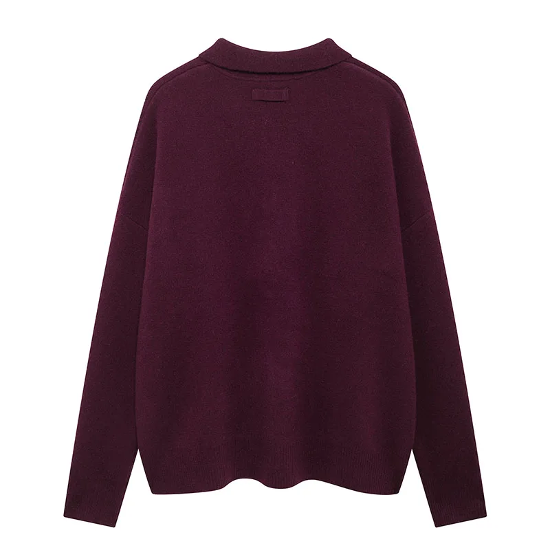 Wine Red French Casual Sweater Elegant Lady Long Sleeves Pullover Autumn Women Fashion Streetwear Turn-Down Collar Knit Wear