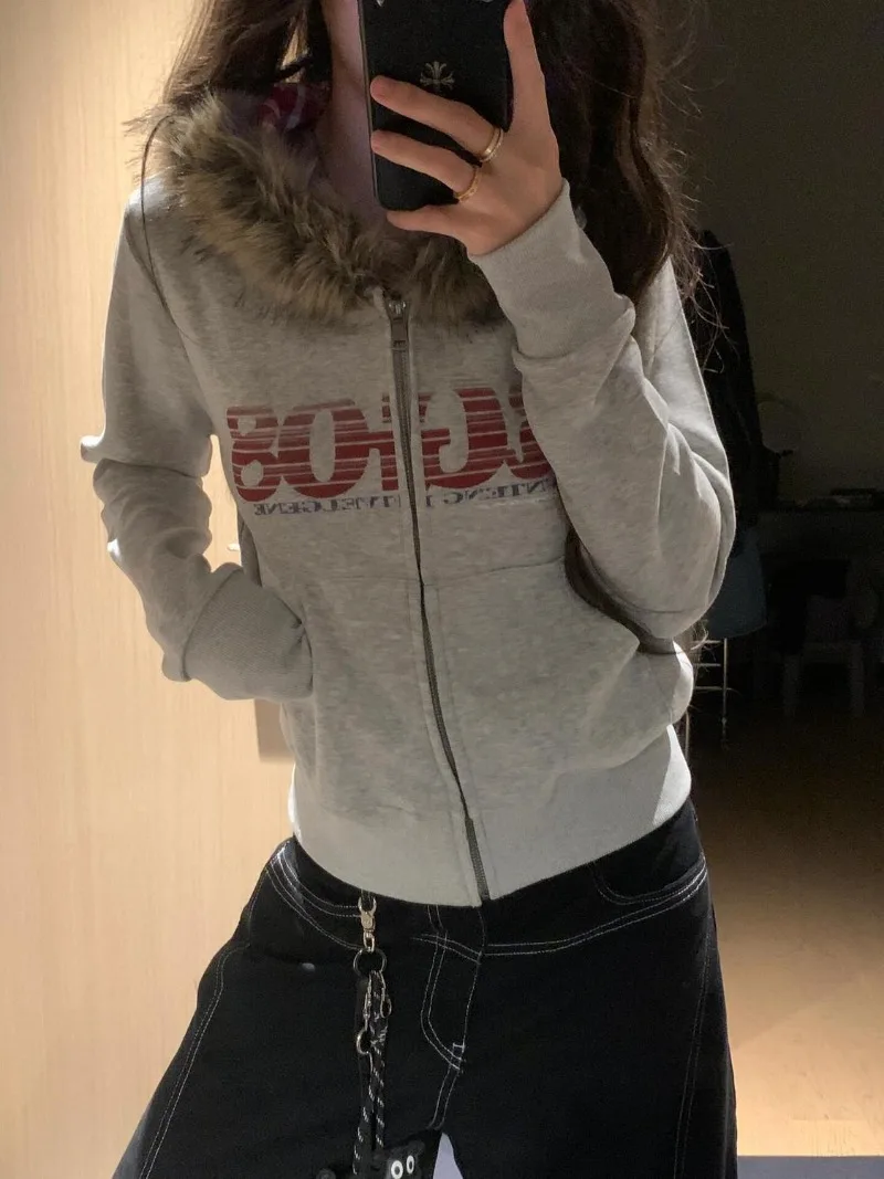 

Новая женская флисовая куртка с капюшоном Y2k, пальто на молнии, женская толстовка с меховым воротником и капюшоном, винтажная одежда для женщин, верхняя одежда на Хэллоуин