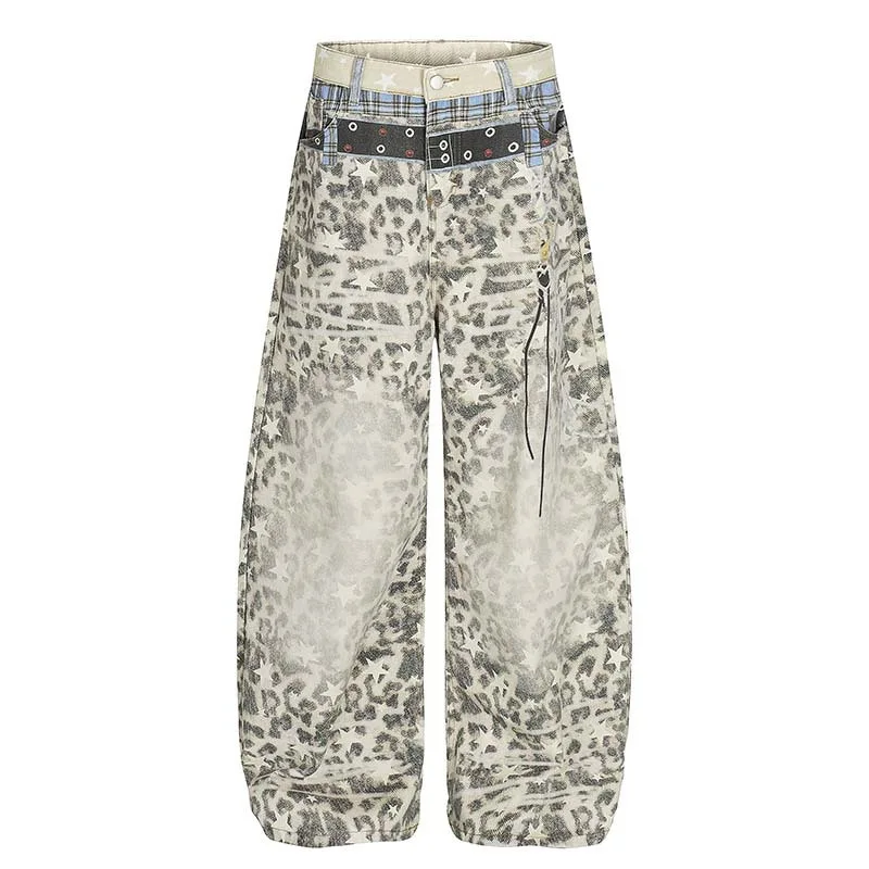 

Мужские модные леопардовые джинсы, брюки High Street, свободный крой, джинсовые брюки в стиле Vibe, уличная одежда, мешковатые джинсы Y2K для мужчин с принтом