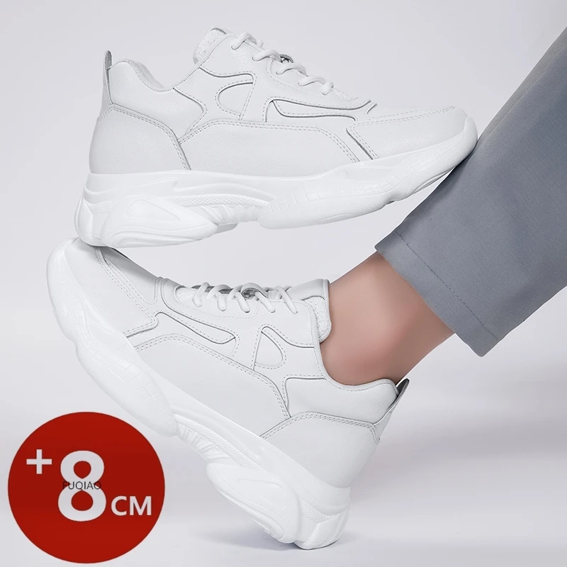 

High Quality Men Women 8CM Invisible Elevator Sneakers Leather Height Increasing Shoes Thick Bottom Casual Sport Lift Shoes