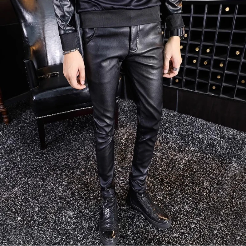 YASUGUOJI New 2022 Autumn Punk Style Fashion Print Pu Leather Pants Men.slim Fit Pencil Pants Pantalon Homme Men\'s Clothing