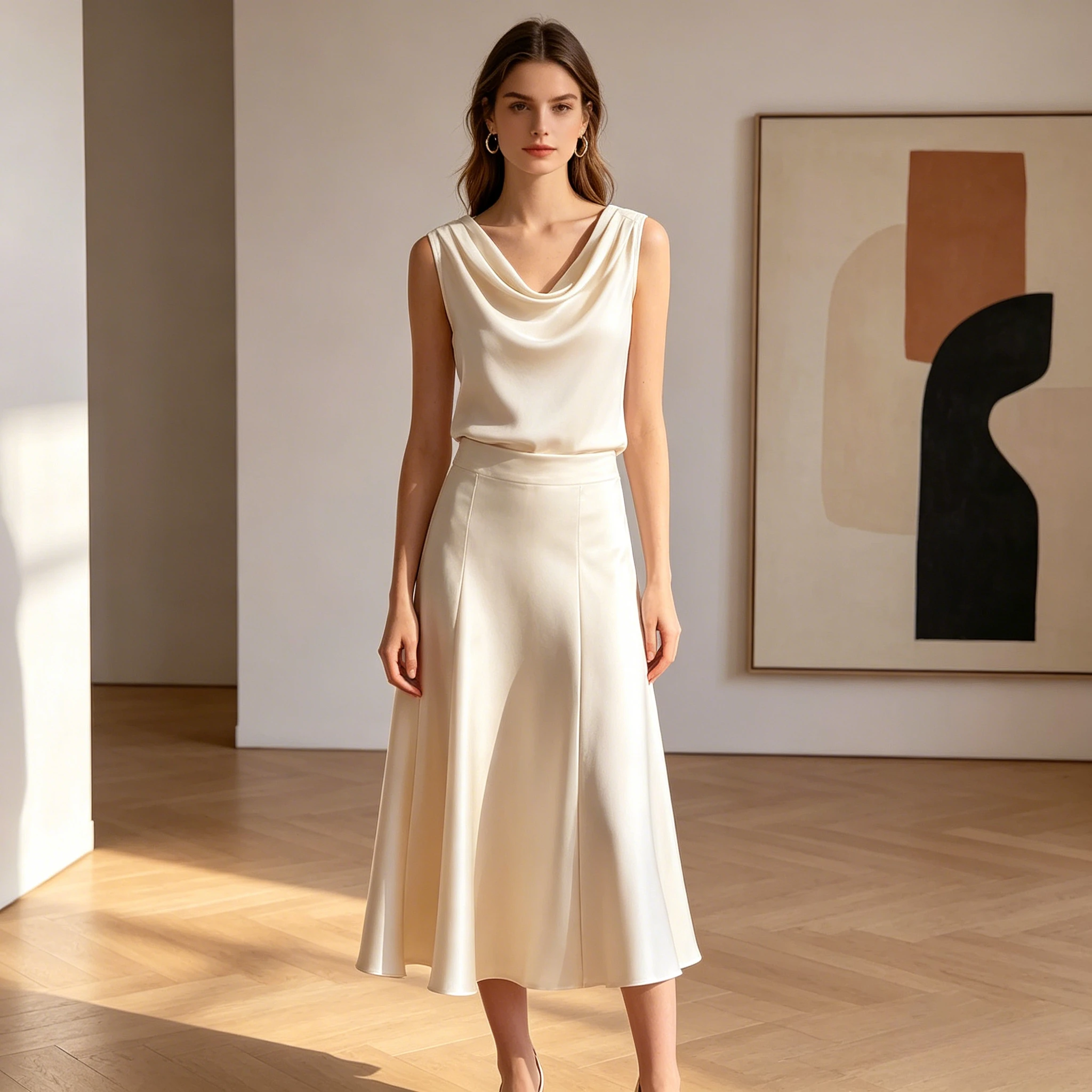 

Women Satin Two Piece Set Cowl Neck SleevelessTop and Long Skirt Matching Set Satin Blouse and Midi Skirt Outfit for Women skirt