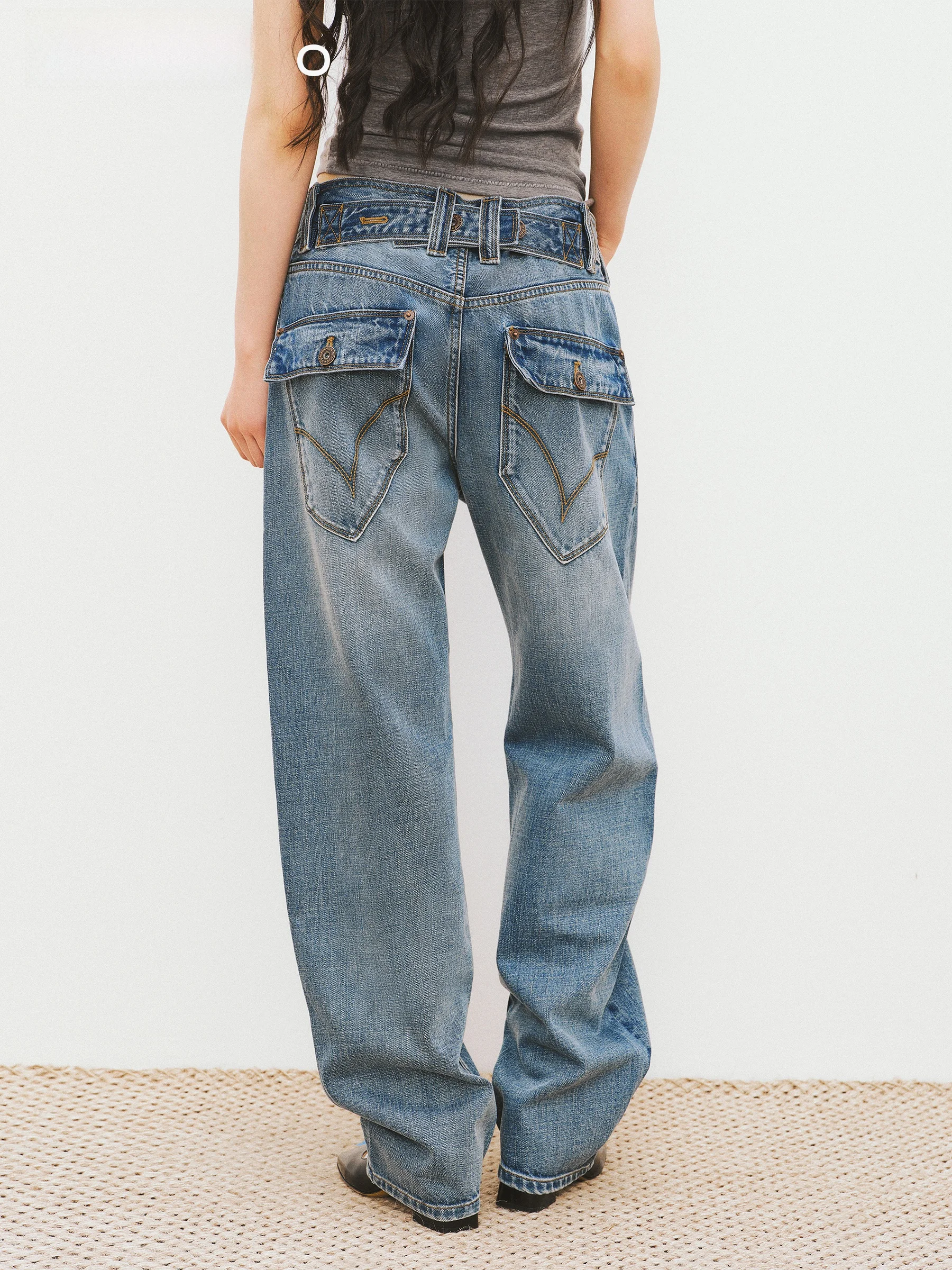 

VERMO American Retro Washed Classic Adjusted Waist Low Rise Denim Jeans 3D Silhouette Cotton Casual Straight Leg Trousers