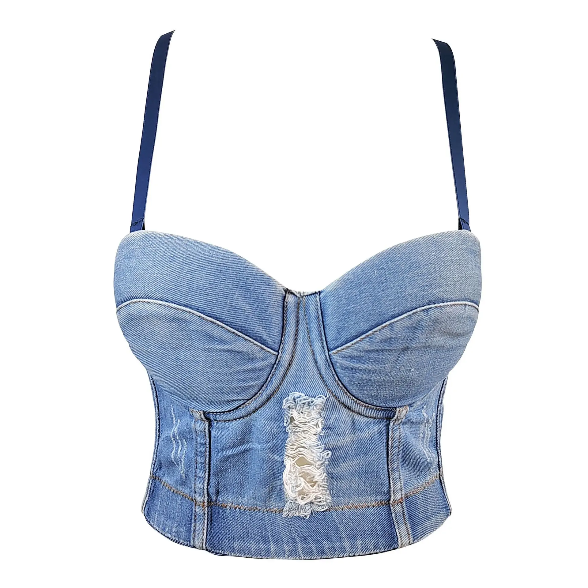 

customized women's adult ripped denim camisole vest sexy exposed navel fishbone strapless top sexy bra sexy lingerie bodysuit