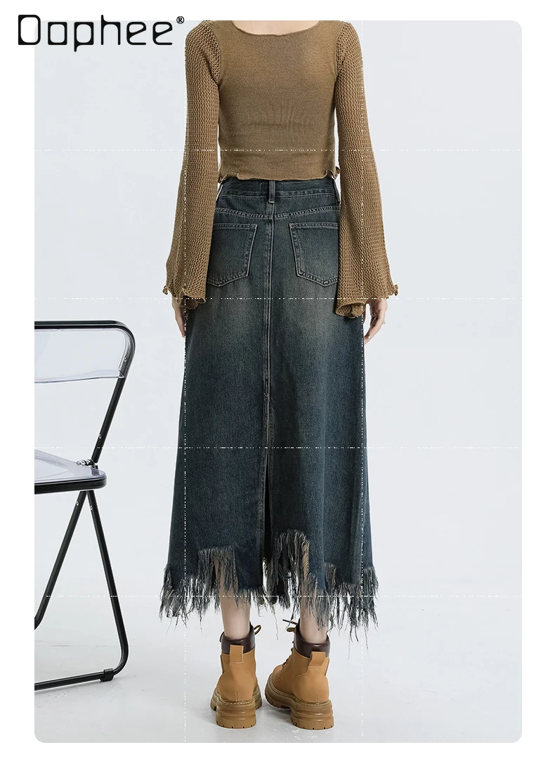 American Spice Girl Fringed High-waisted Denim Skirt Summer New Street Punk Style Irregular A-line Skirt Ins Trend Split Skirts