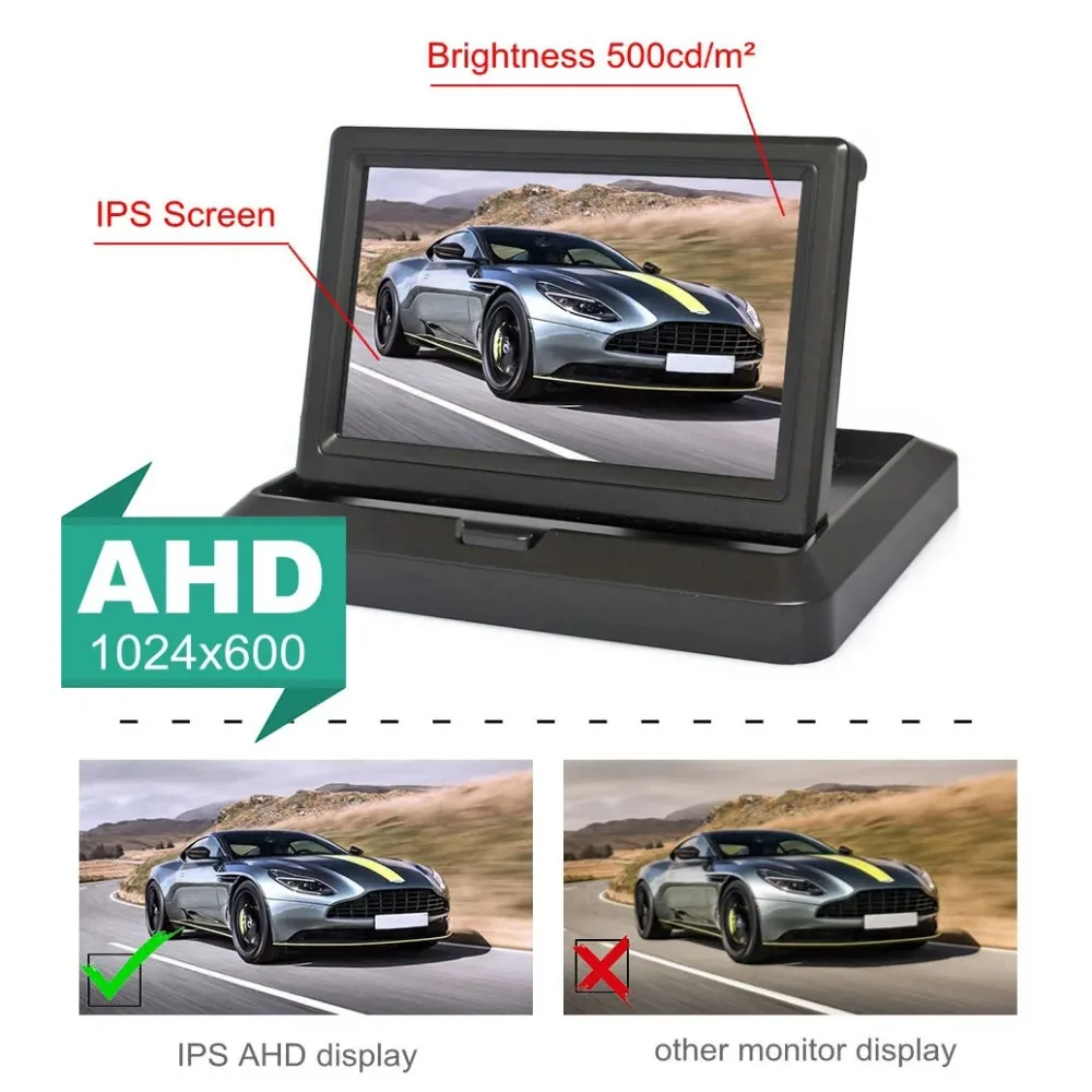 QueenDer 5 Inch Folding Rearview Car Display Backup Monitor for AHD Camera CVBS Car Camera