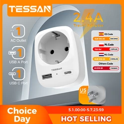 TESSAN Travel Adapter EU To USA Adapter America Europe Plug with USB C 3A Socket Adapter Travel Power Adapter for Canada Mexico