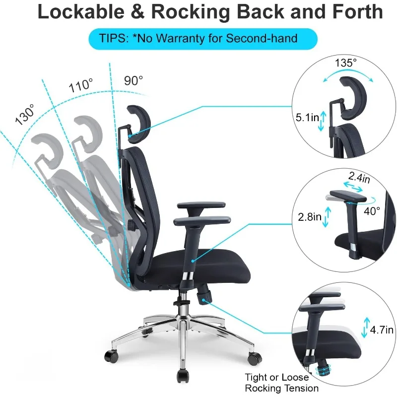 Ticova Ergonomic Office Chair - High Back Desk Chair with Adjustable Lumbar Support, Headrest & 3D Metal Armrest - 130° Rocking