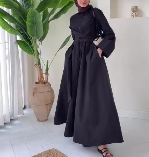 فستان قميص ذو طية صدر السترة بلون سادة للخريف، فستان قميص نسائي أنيق جديد بخصر مربوط وأربطة للتنقل وأكمام طويلة على شكل حرف a