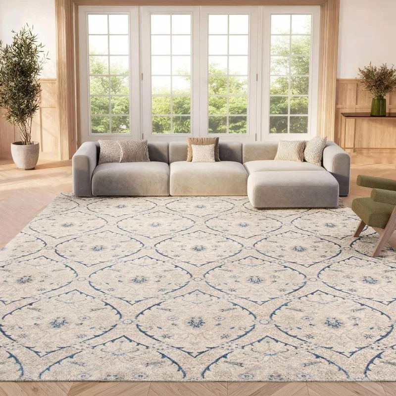White Blue Floral Pattern Living Room Carpet Foldable Machine Washable Coffee Table Anti-slip Floor Mat Bedroom Bedside Soft Rug