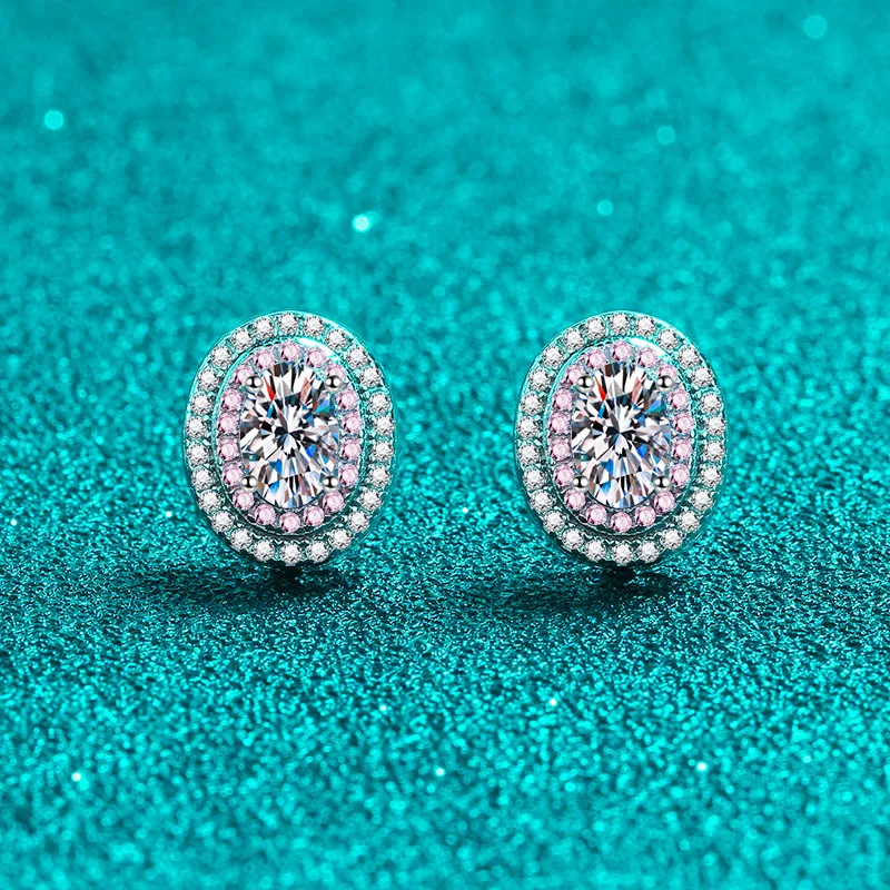 LORIELE Oval Moissanite Stud Earrings 925 Sterling Silver Lab Created Diamond Double Halo Earrings for Women Wedding Jewelry Gif