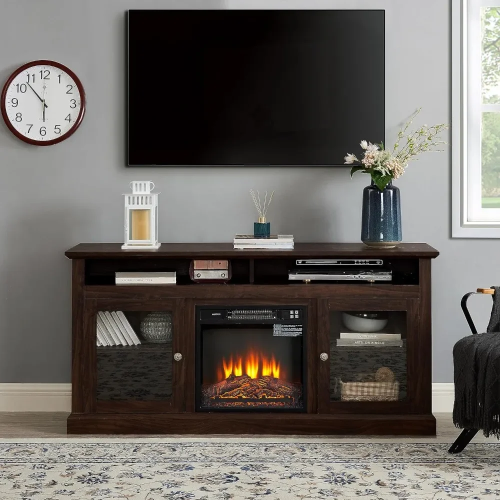 TV Stands with 18 Inch Fireplace Insert,Suitable for TVs Up To 65 Inches,with Open and Enclosed Storage Space Fireplace Tv Stand