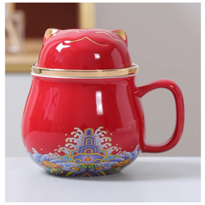 Portable Lucky Cat Ceramic Office Cup Tea Water Separation Cup with Lid Filter Tea Cup Coffee Cup Animal Shape