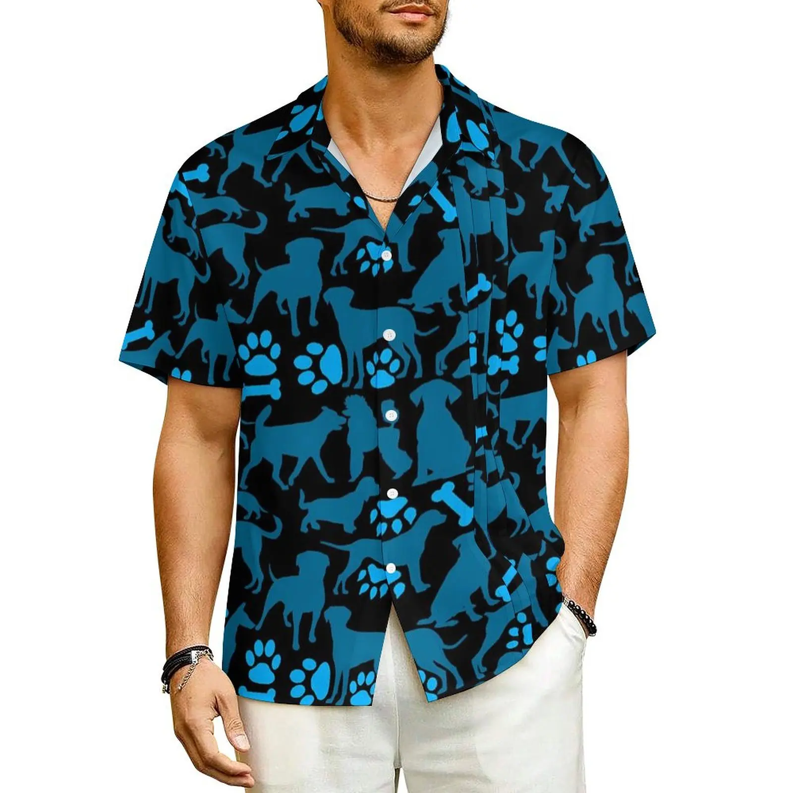 

Cute Dog Print Beach Shirt Animal Silhouette Hawaiian Casual Shirts Mens Retro Blouses Short Sleeve Street Style Design Tops