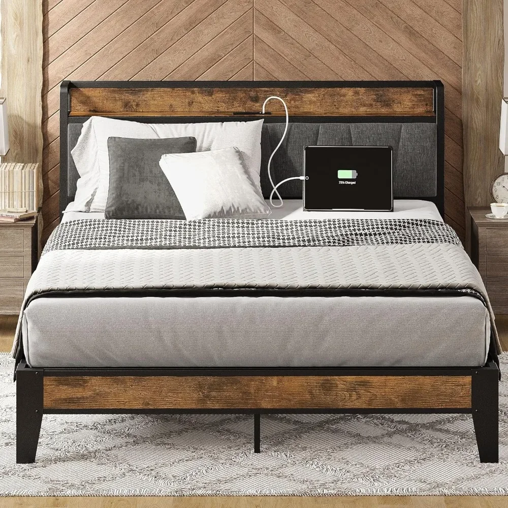 

Queen Bed Frame, Storage Headboard with Charging Station, Solid and Stable, Noise Free, No Box Spring Needed, Easy Assembly