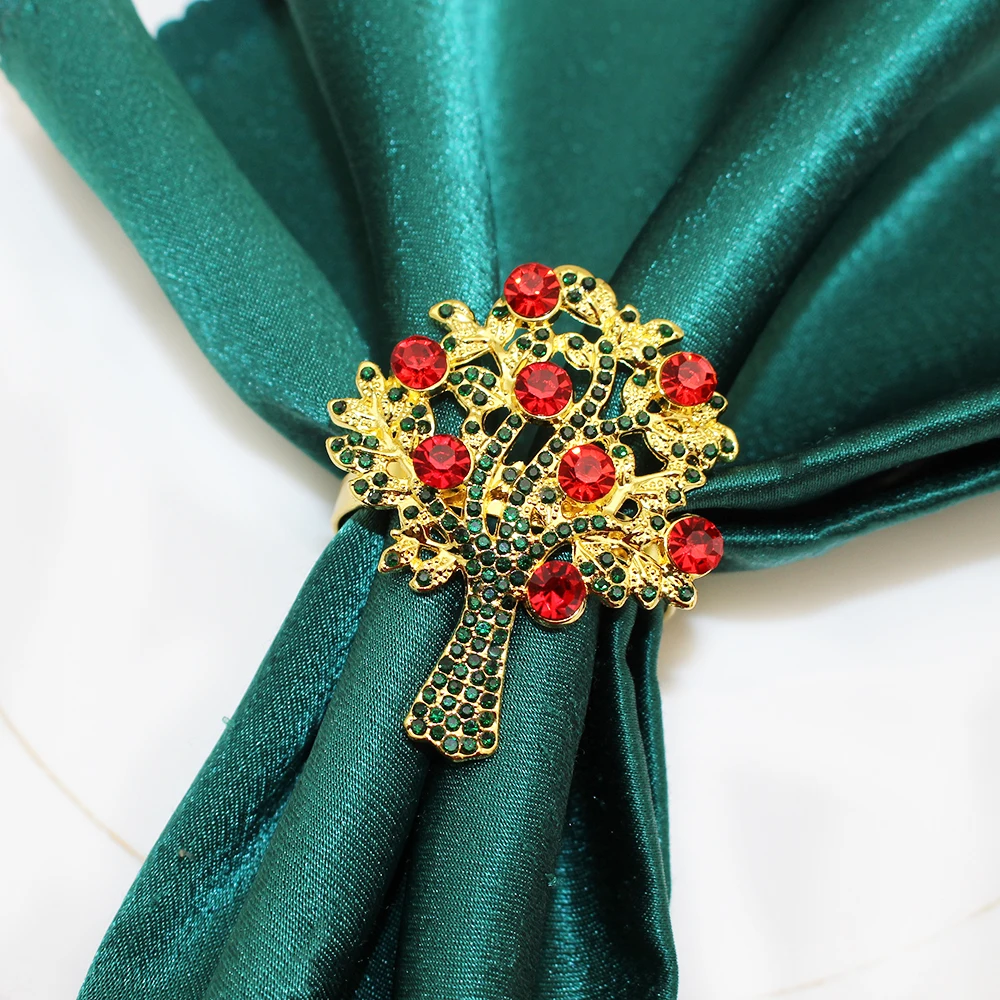 6Pcs Christmas Napkin Rings Rhinestone Xmas Tree Pine Cone Napkin Holder Metal Napkin Buckles for Xmas Wedding Party Table Decor