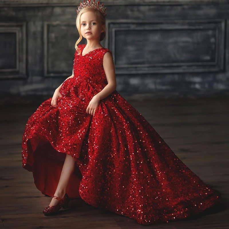 2026 Children Girls Formal Kids Princess Gown Performance New Year Host Evening Dress Kids Flower Girl Wedding Little Host Piano