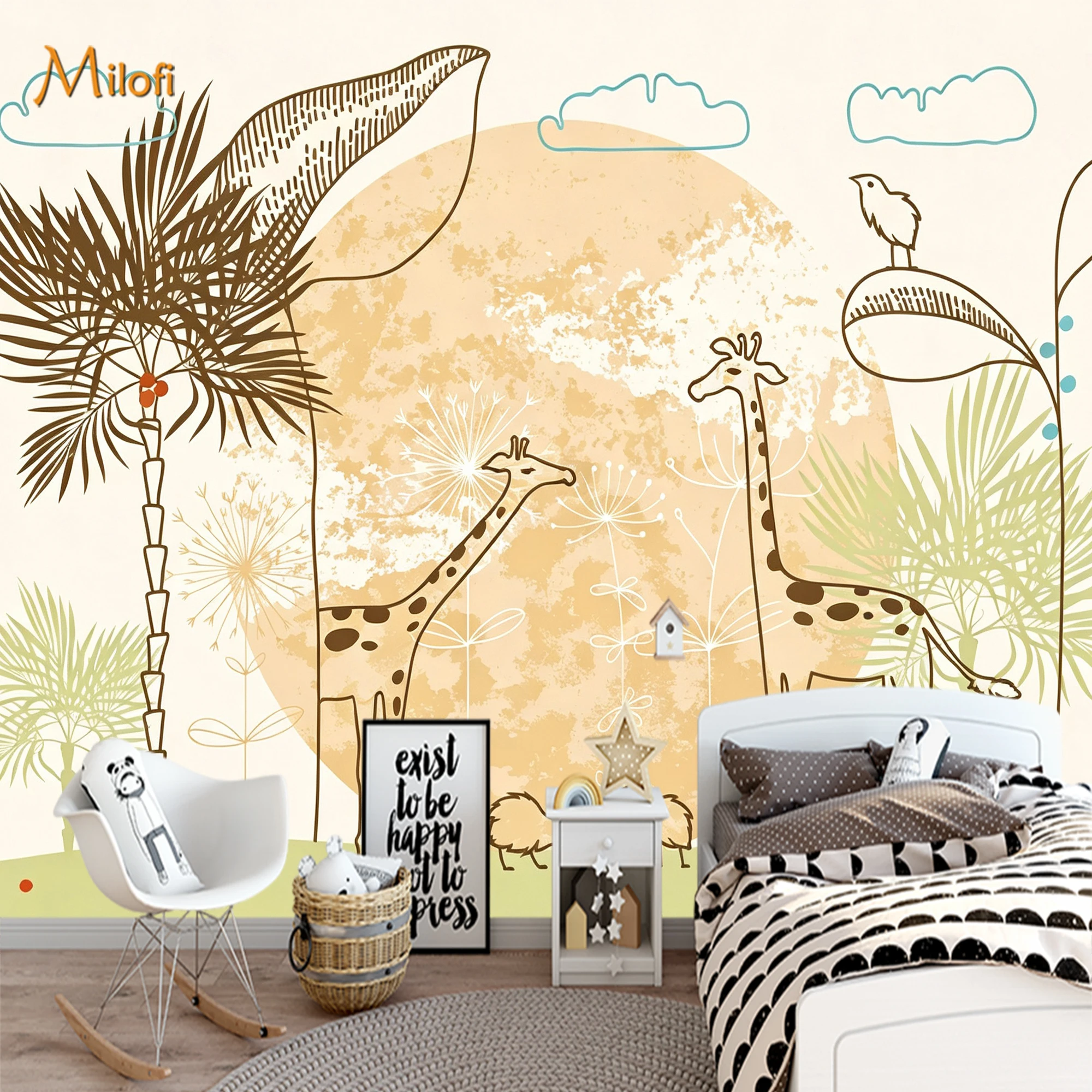 Custom Mural Wallpaper Line Art Giraffe Safari Wall Mural, Boho Tropical Palm Tree Wall Decor for Kids Nursery Bedroom