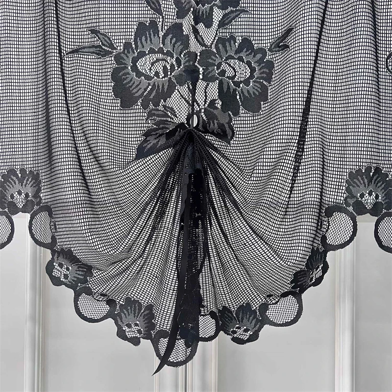 American Black Floral Lace Tulle Pull Curtains Roman Lifting Sheer Voile Door Bay Window Kitchen Partition Christma Party Drapes