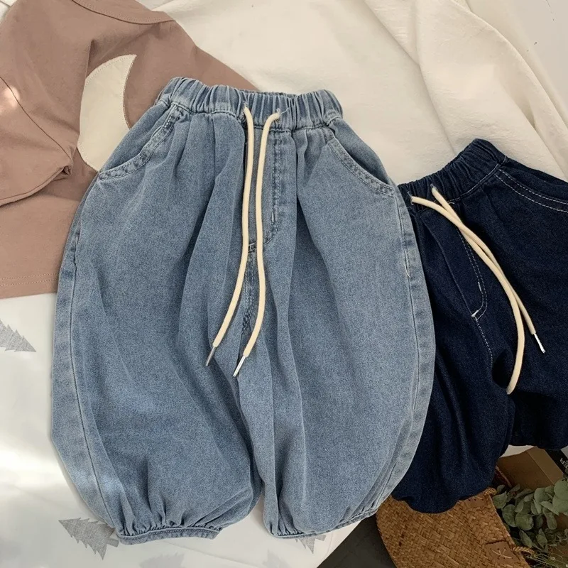 الأطفال الرجعية لينة الجينز ربيع الخريف جديد الفتيات أزياء تنوعا الضوء الأزرق السراويل الفتيان الكورية الصلبة فانوس السراويل #2