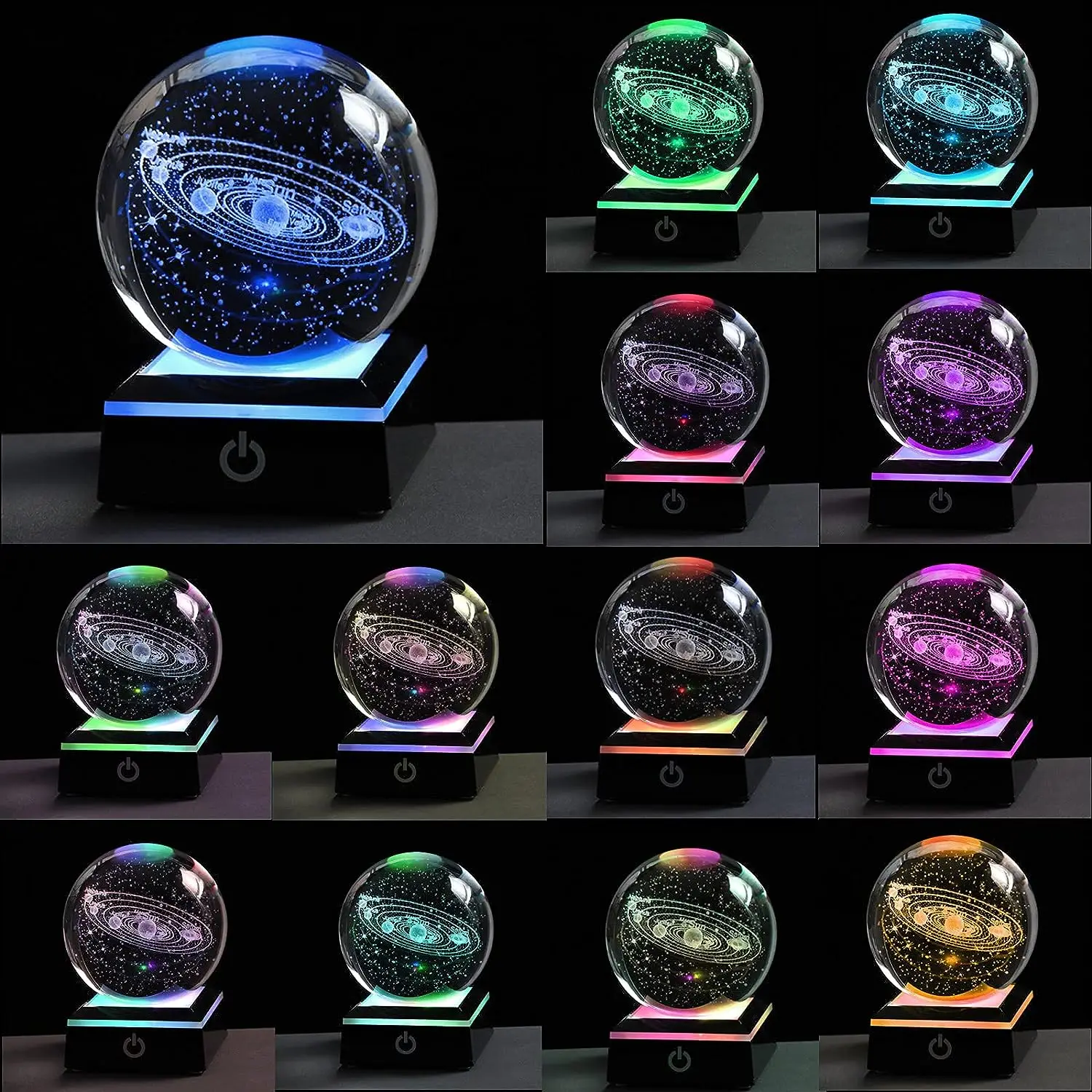 3D Solar System Crystal Ball with LED, Colorful Lighting, Touch Base Model Decor, Astronomy Gifts, Space Themed Ornamen