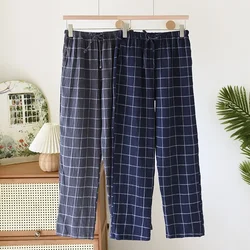 2024 New Spring/Summer Men's Sleeper Pants 100% Cotton Crepe Pants Loose Thin Large Home Casual Checkered Home Pants Bottoms