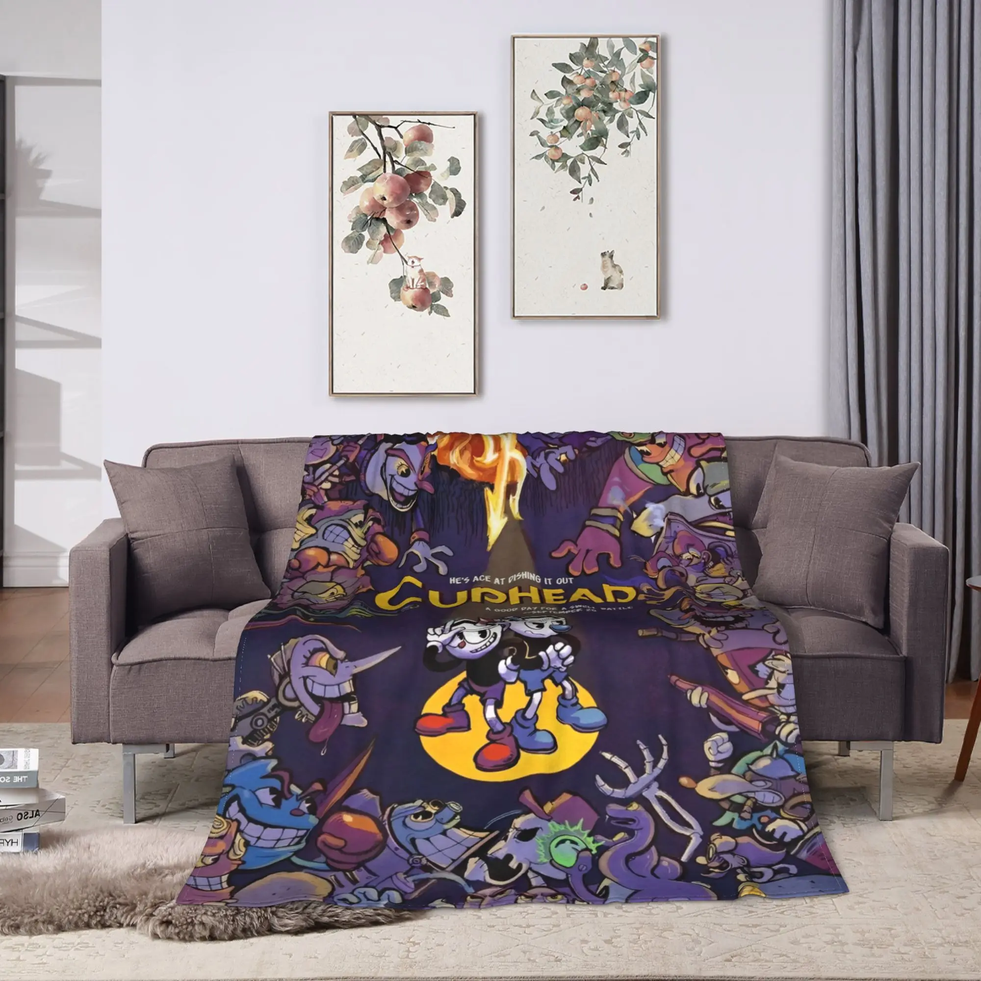 Cuphead cartoon Flannel Blankets  Super Warm Throw Blanket for Couch Chair Camping Fashion Bedspread Sofa Bed Cover