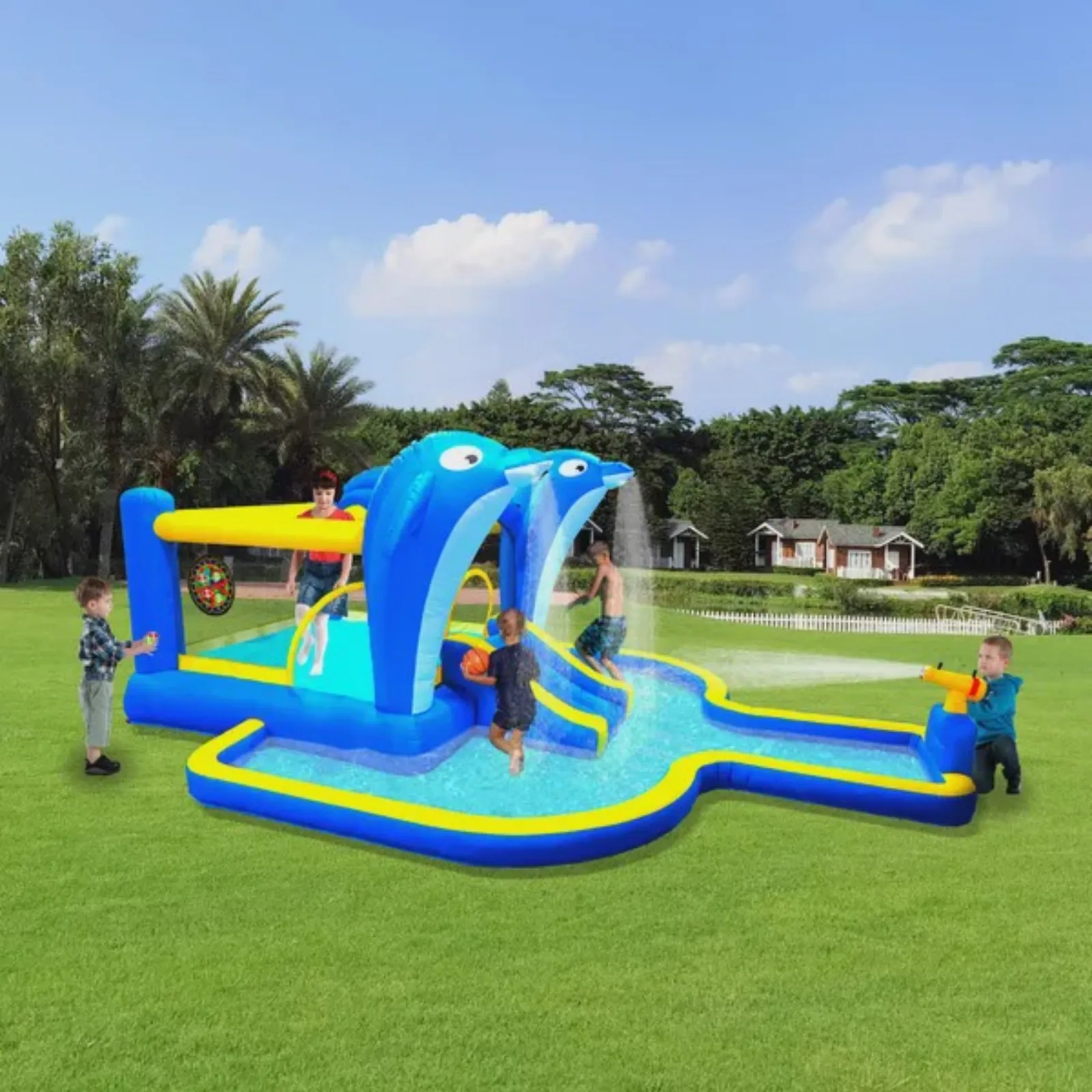 

8 in1 Inflatable slide water park trampoline bouncing house outdoor garden with Dolphin sprinkler & Target games & Water gun & Basketball