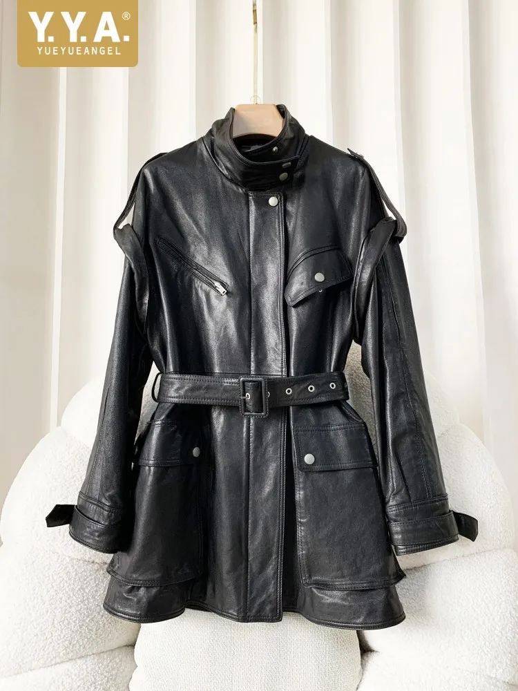سترة نسائية متوسطة الطول من الجلد الطبيعي بياقة واقفة وخصر عالٍ للخريف ملابس الشارع الشهير معطف سترة واقية من جلد الغنم الحقيقي