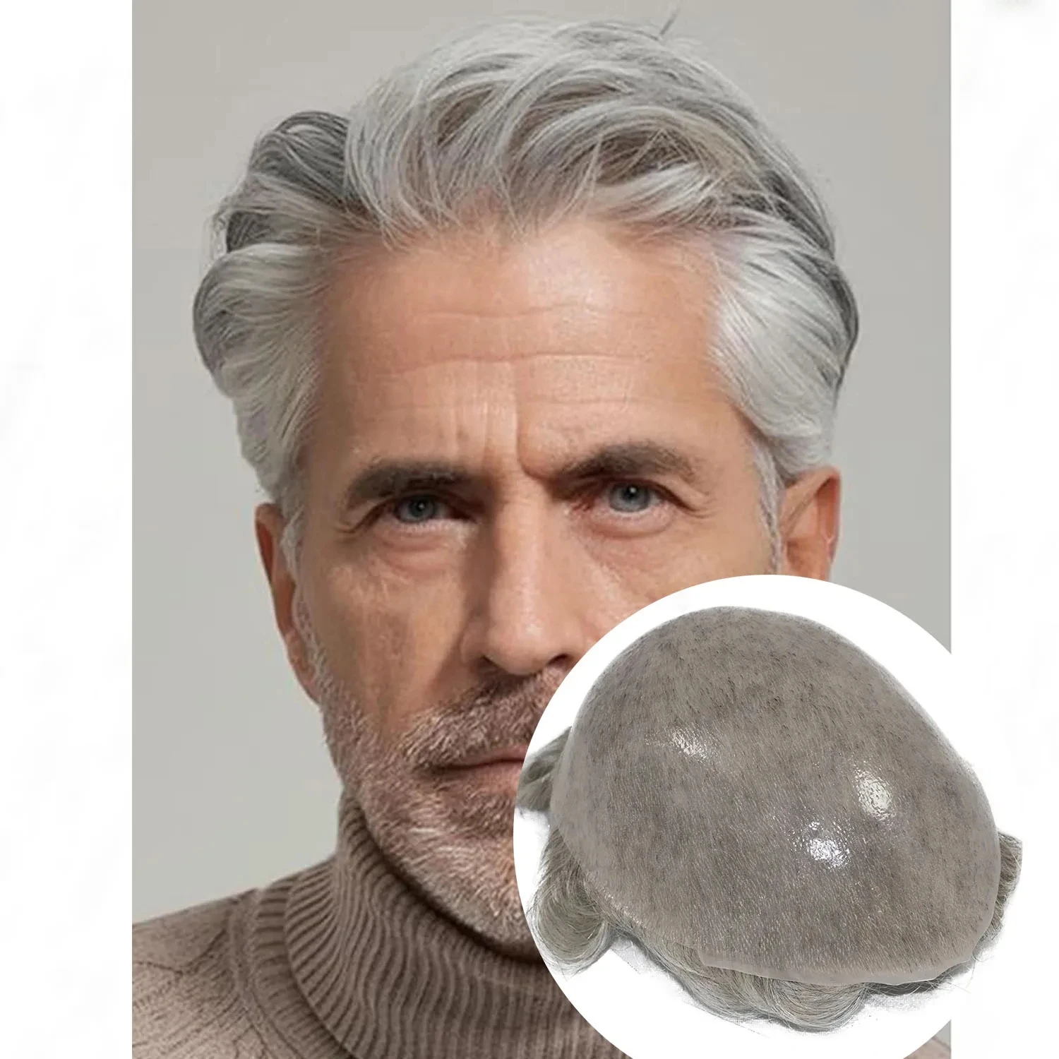 

Undetectable Realistic 0.06mm Ultra Thin Skin Mens Toupee Super Natural Hairline Vloop Hairpiece 1b80#365# Black Grey HumanHair