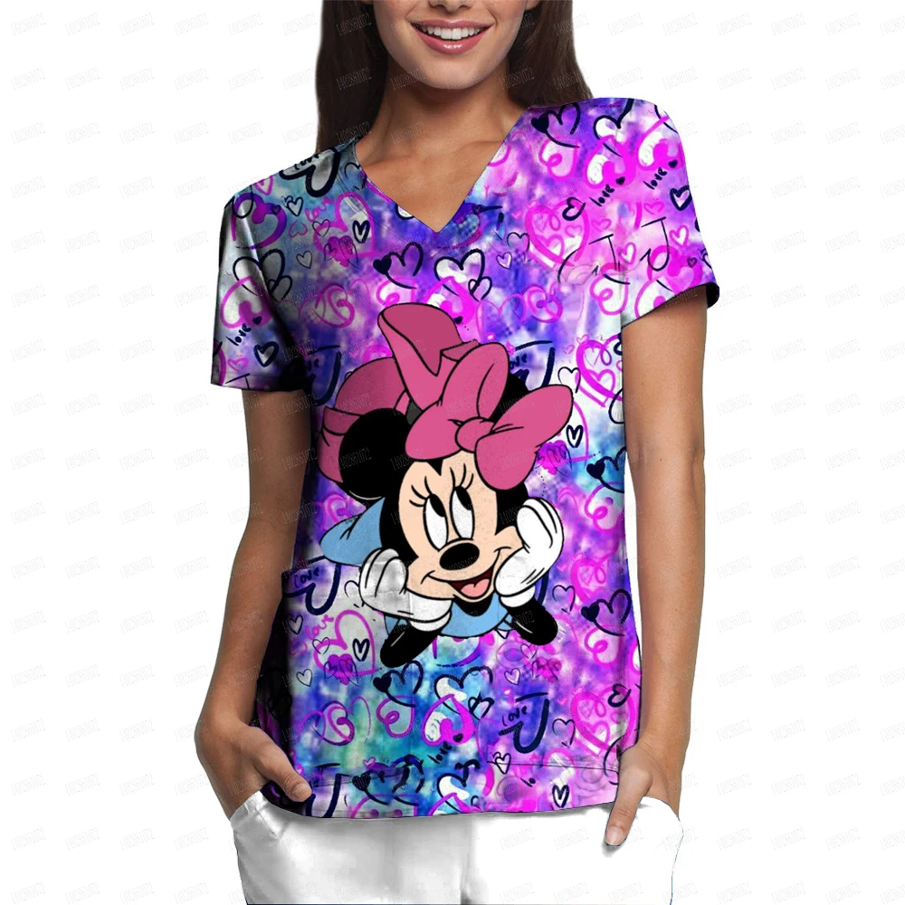 

Disney Minnie Print Scrub Tops Women Dentist Working Uniform Nurse Scrub Uniformes Medicos Para Mujer Tooth Hospital Workwear