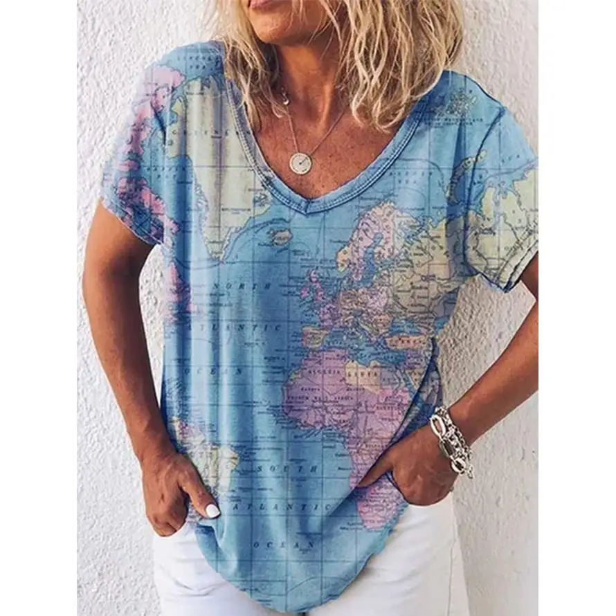 تي شيرت نسائي بياقة مطبوعة على شكل خريطة ort Sve تي شيرت فضفاض مناسب من مزيج البوليستر مريح قاعدة علوية أوروبية Sle Summer Faion #3