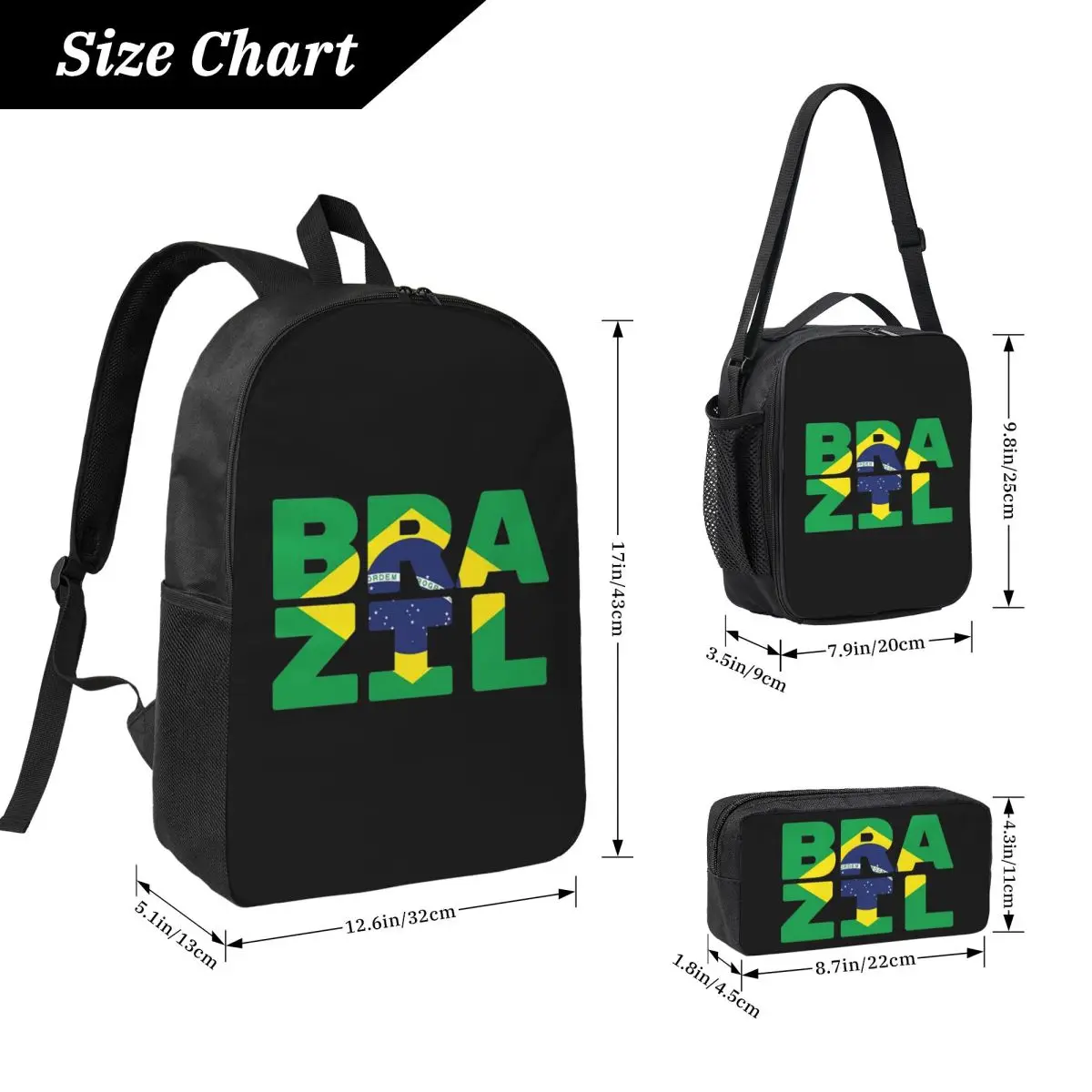 Brazil Flag Text Backpack Student BookBag School Bag Computer Shoulder Bags 3ps Insulated Lunch Bag Pencil Case