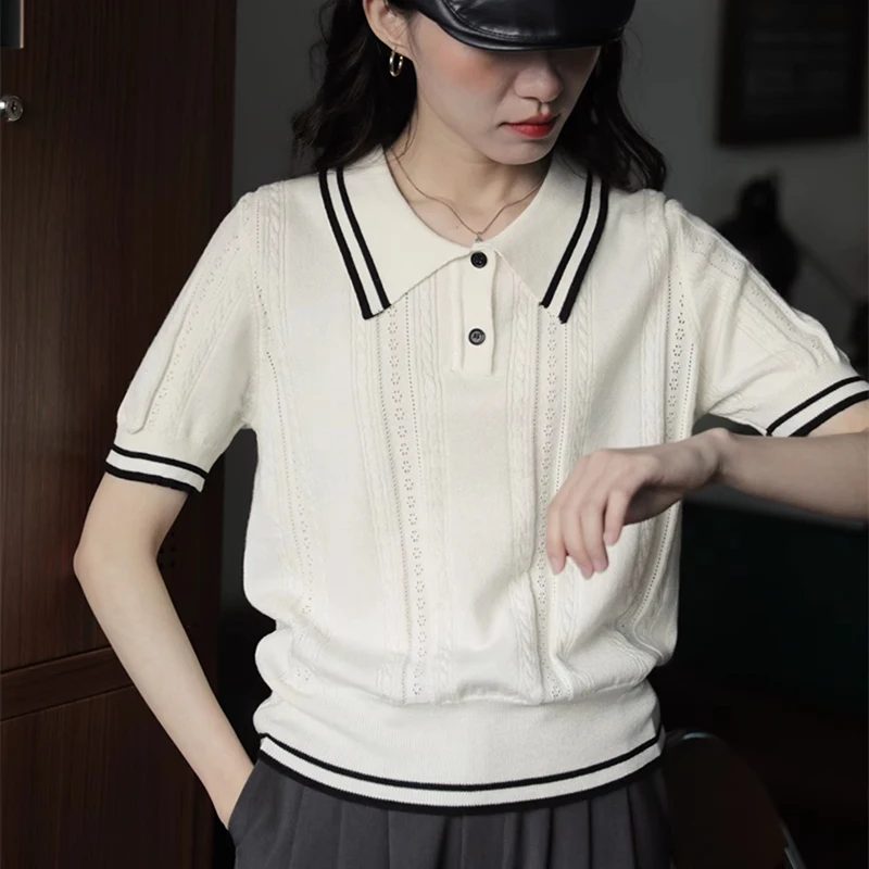 Korean Fashion Clothes Summer Women Button Turn-Down Collar Knitted T Shirt Short Sleeve Slim Tshirts Pullover Crop Tops Female
