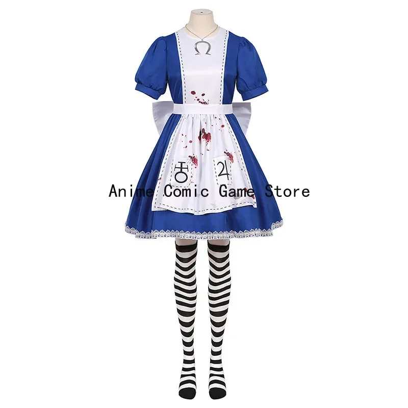 En Stock XS-XL Alice Madness Returns Cosplay collar peluca calcetines juego Alice vestido de sirvienta trajes de fiesta de Halloween para mujeres