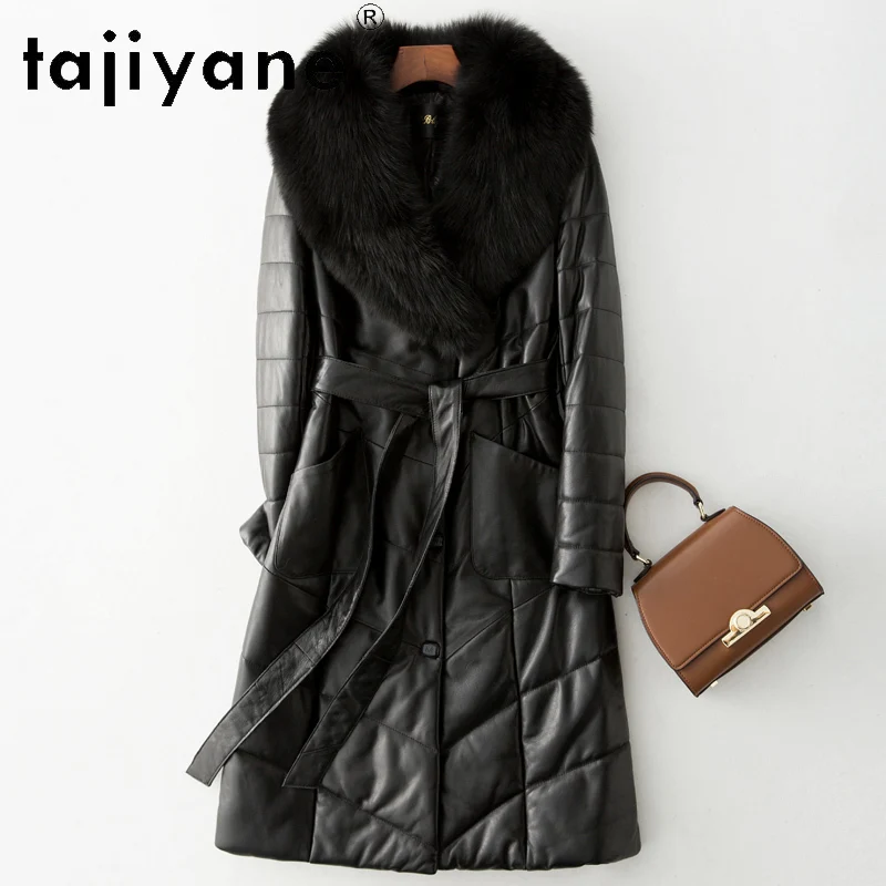 TAJIYANE سترة منتفخة من الجلد الحقيقي للنساء 100% معاطف سوداء طويلة من جلد الغنم مع ياقة من فرو الثعلب ملابس شتوية 2025 doblianка #2