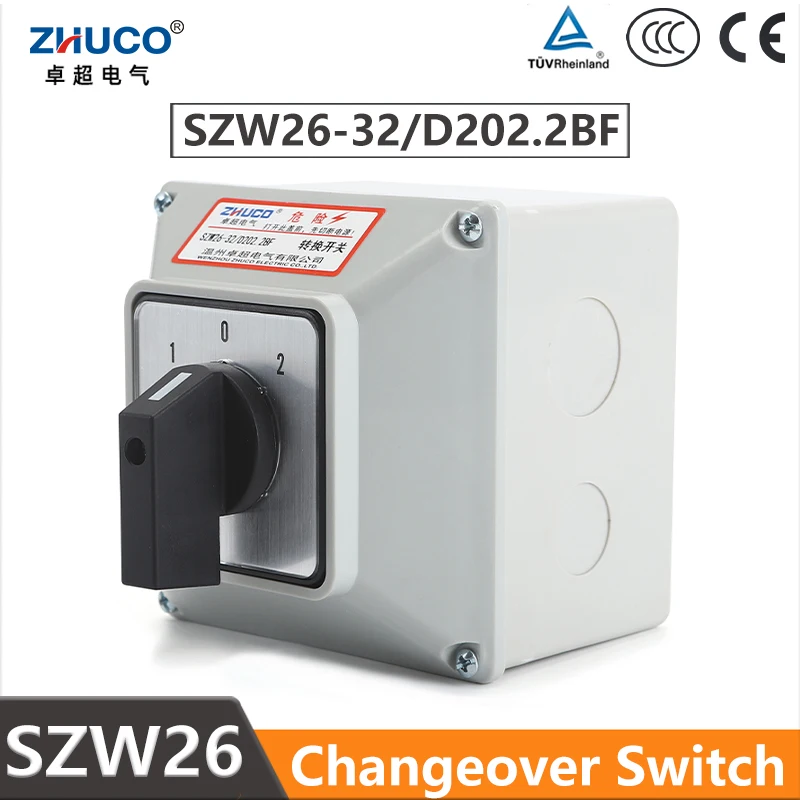 

ZHUCO SZW26/LW26-32 32A 3 Position 2 Phase 8 Screws Automatic Universal Changeover Rotary Knob Cam Switch With Waterproof Box