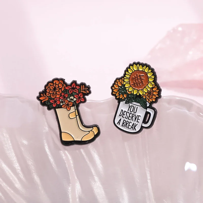 You Deserve A Break Enamel Pin Flowers Backpack Bicycle Watering Can Shoes Lapel For Backpack Badge Cartoon Brooch Party Jewelry