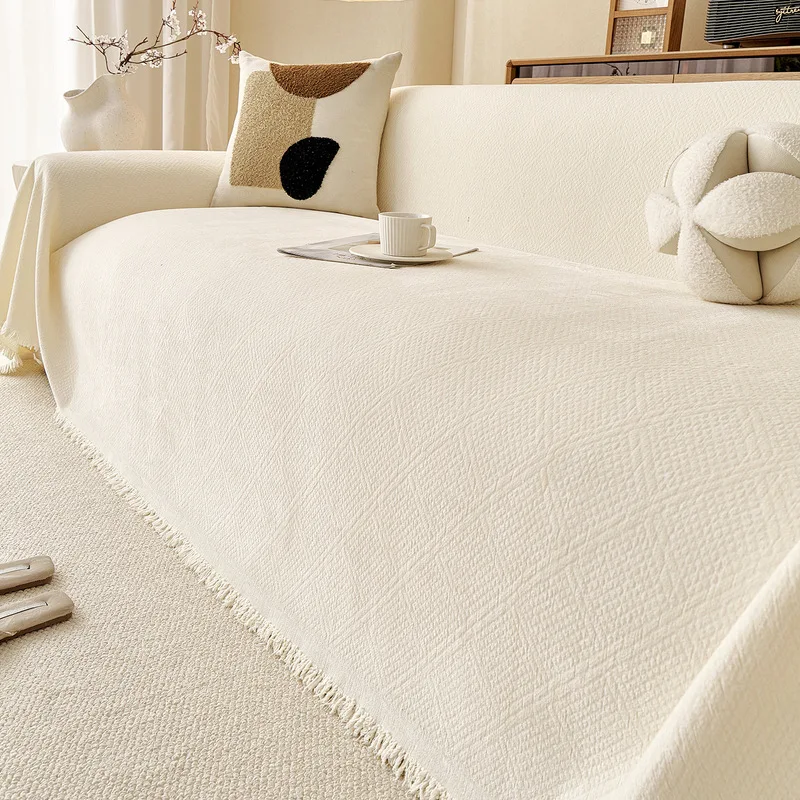 Chenille Sofa Cover Throw Blanket Textured Non-slip Couch Protector with Tassels