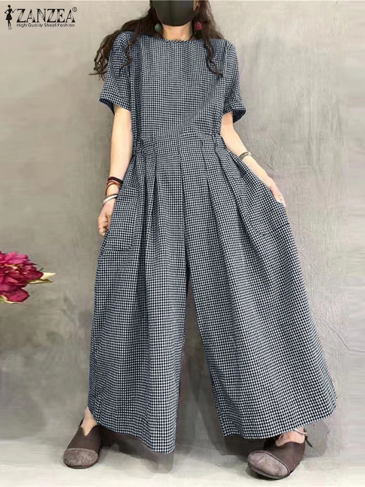 ZANZEA Short Sleeve Gingham Jumpsuits Women Pleated Waist 2024 Fashion O Neck Wide Leg Overalls Loose Casual Checked Long Romper