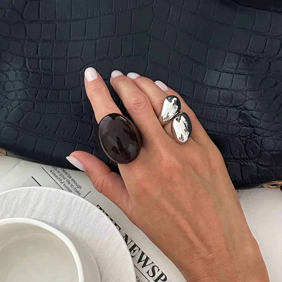 FTCY 2PCS Retro Metal Water Drop Acrylic Ring For Women  Geometric Thick Resin Knuckle Rings Boho Jewelry