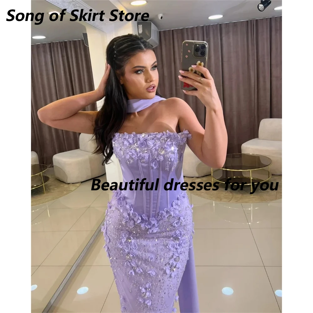 Vestido de noche lila de lujo para mujer, sin tirantes, satén suave, apliques, sirena, graduación, largo hasta el suelo, vestidos de fiesta formales personalizados